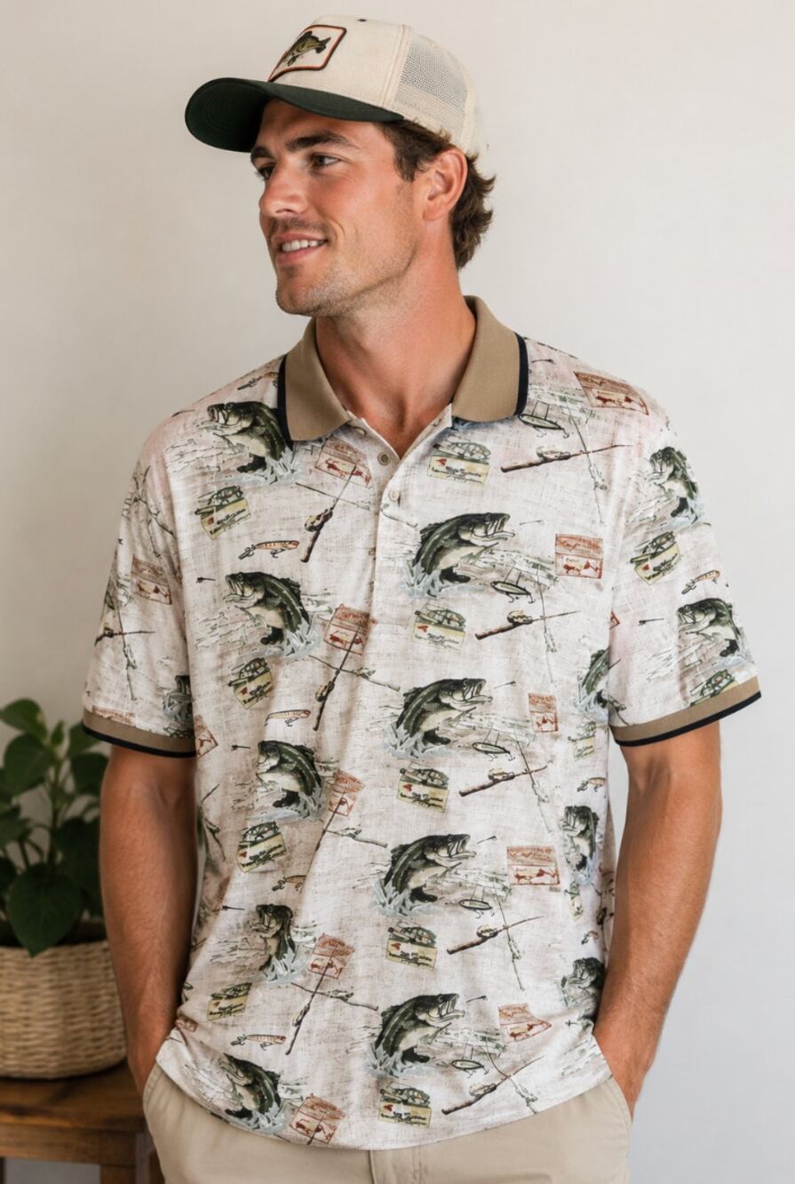 American Summer Polo Shirt Mens XL White  AOP Bass Fishing Print Casual Grandpa